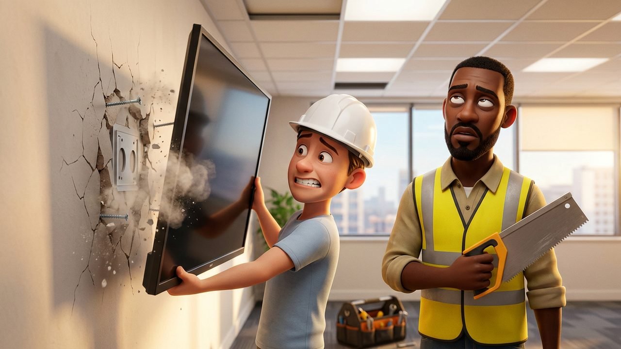 A panicked installer holds a TV against a crumbling wall while a tired dryliner with a saw rolls his eyes