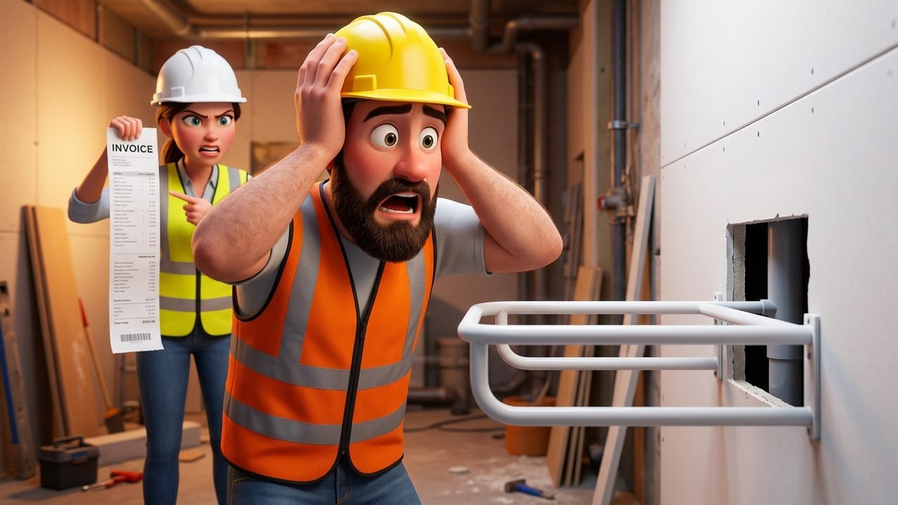 A plumber clutches his head in horror at a frame sticking out of a wall panel while a furious site manager holds up an invoice